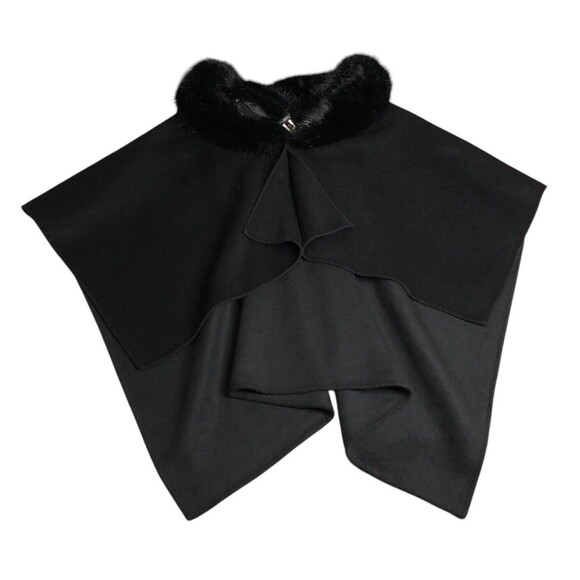 Talbots Ruana Wrap Womens M/L Black Removable Faux Fur Trim Wool Blend Cape Chic - Picture 1 of 16